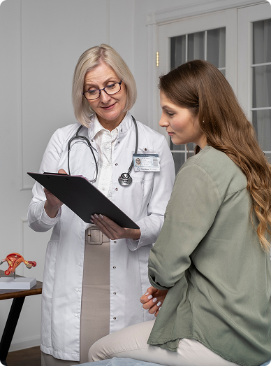 Female doctor consulting a young woman about women’s and antenatal health at Cranbourne West Medical Centre.